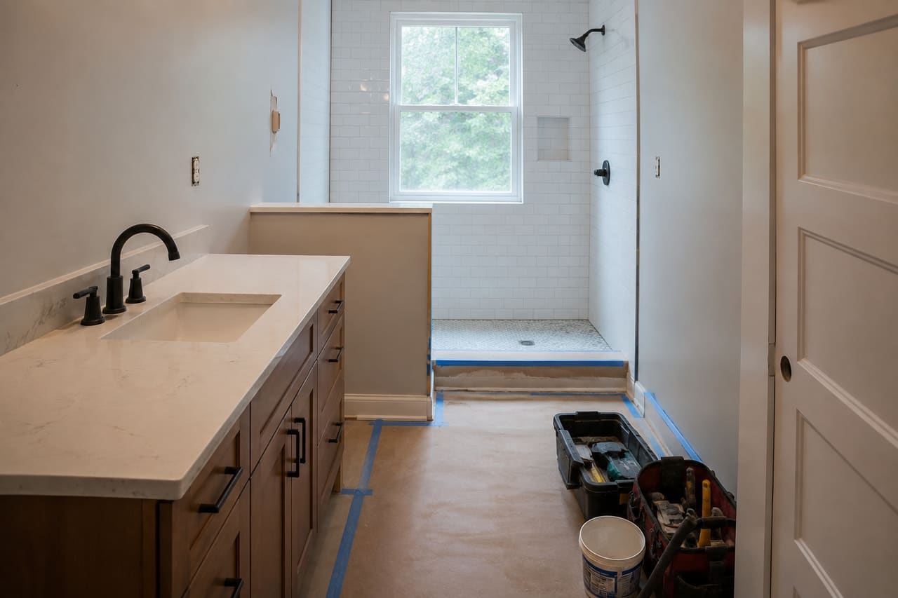 Midrange bathroom renovation with installed vanity and tiled shower while finish work remains underway