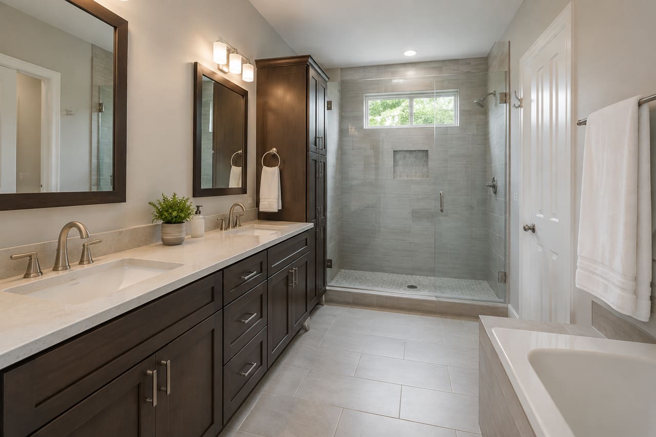 Finished primary bathroom with double vanity, tiled walk-in shower, and tub