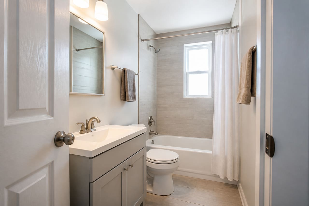 Compact full bathroom with a stock vanity, toilet, and tub-shower combination